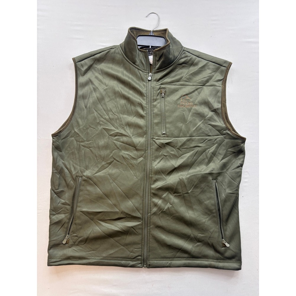 Ducks Unlimited Mens XL Olive Green Fleece Lined Full Zip Outdoor Vest